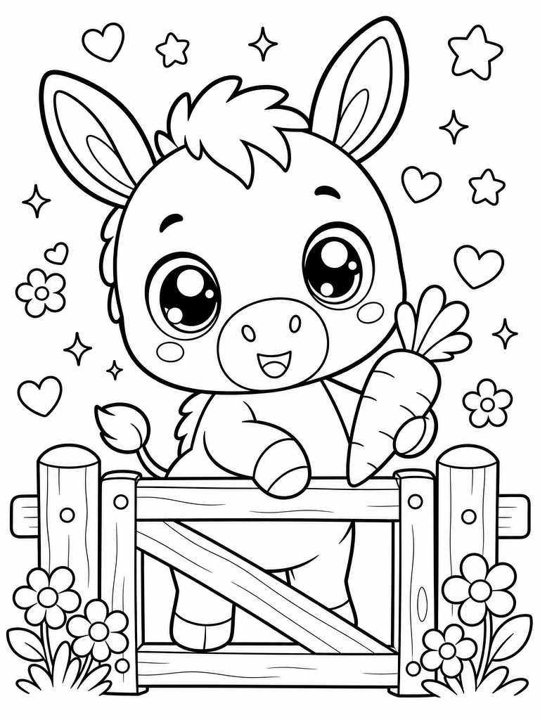 Donkey coloring page — Donkey by the gate with a carrot