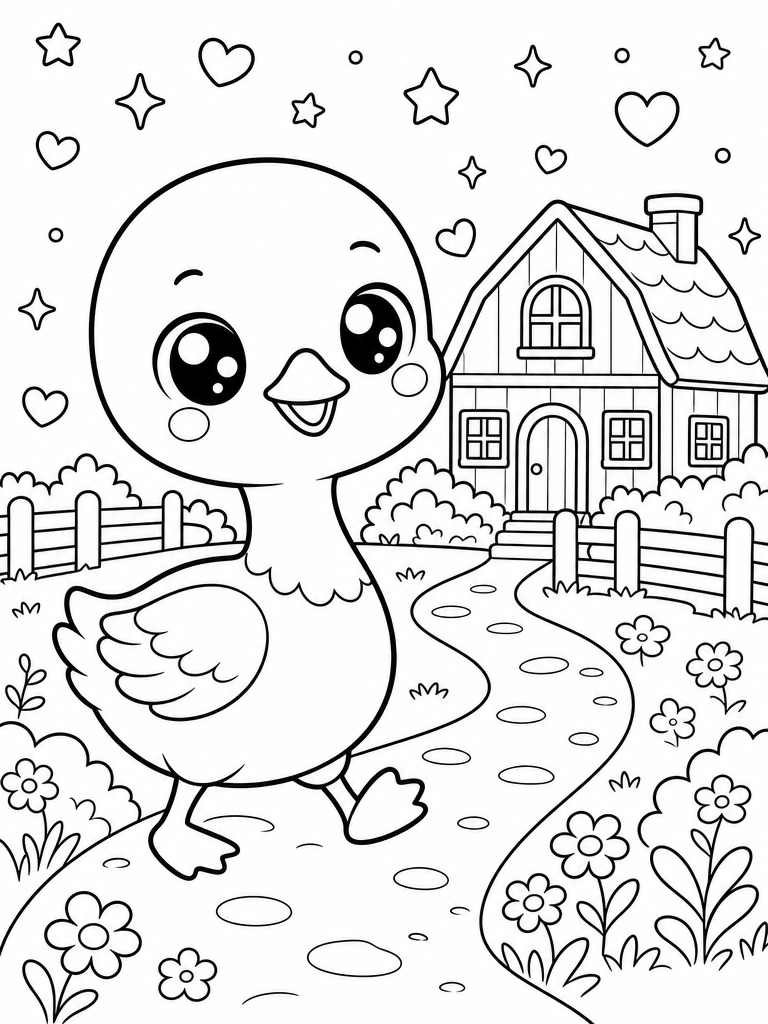 Goose coloring page — Goose on the farmhouse path