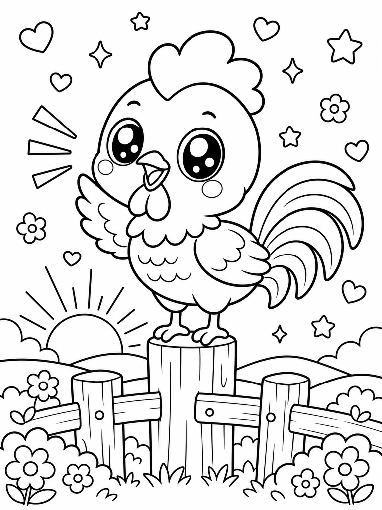 Rooster coloring page — Rooster crowing on a fence post at sunrise