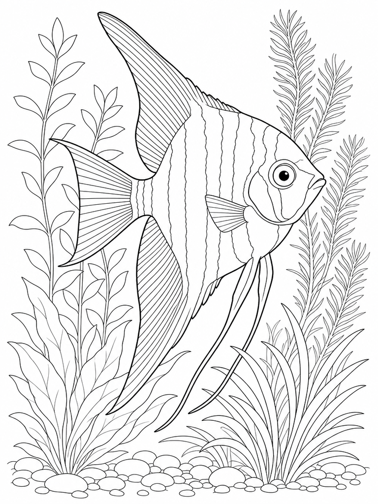 Angelfish coloring page — Freshwater angelfish among aquarium plants