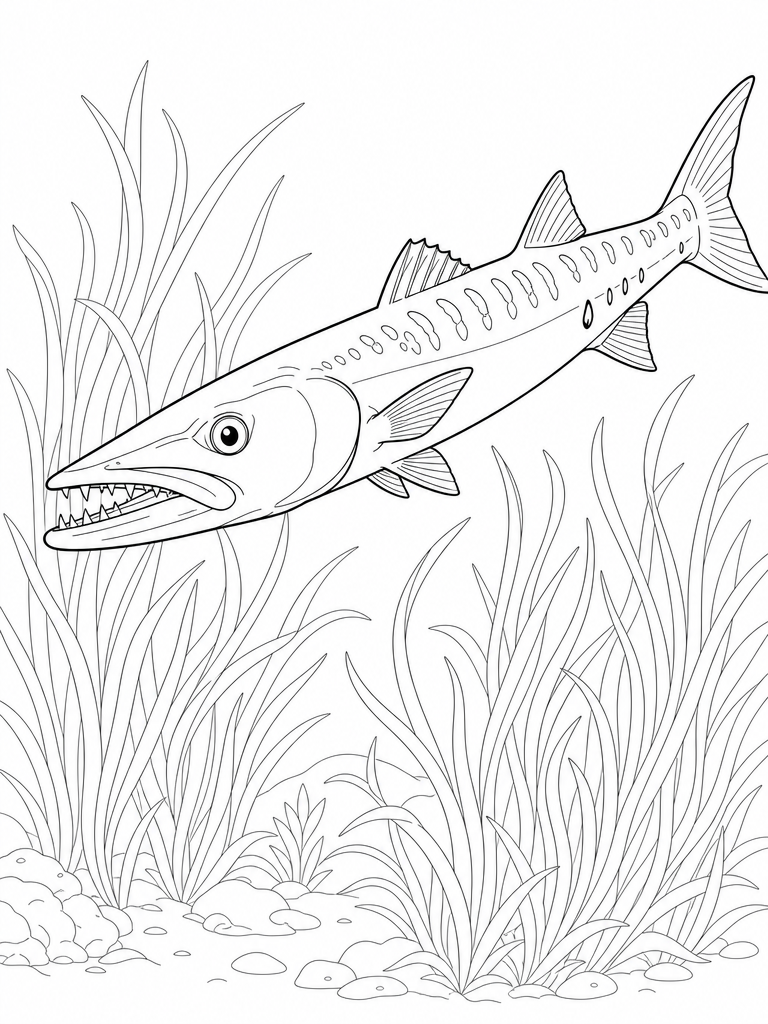 Barracuda coloring page — Barracuda swimming through sea grass