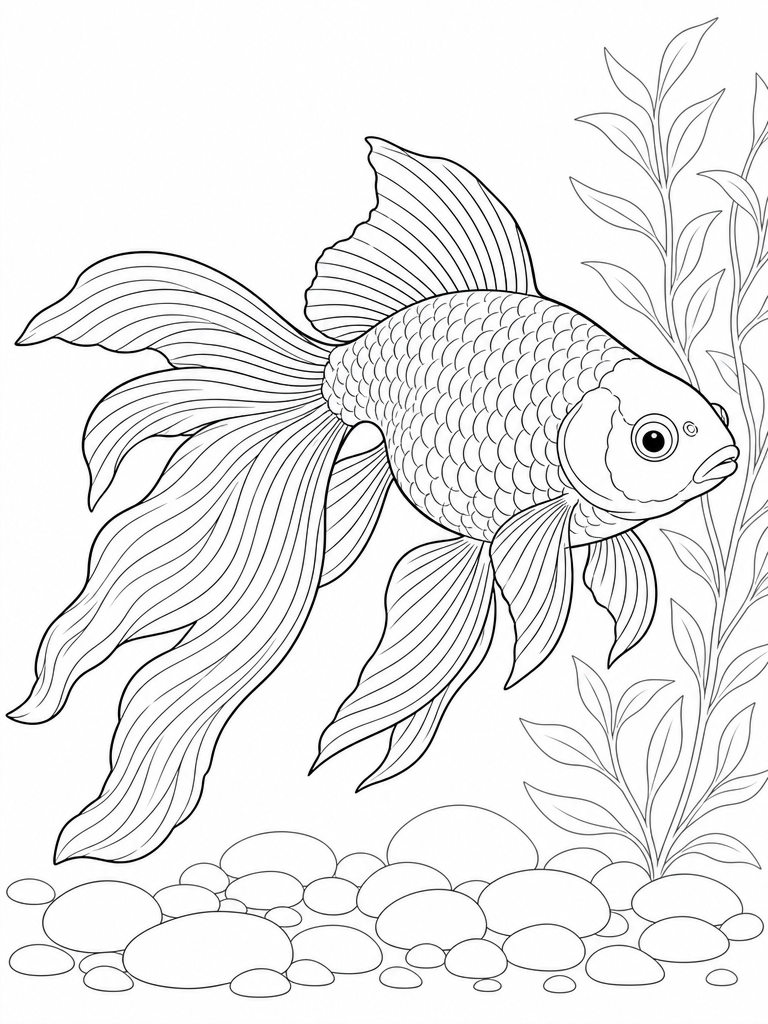 Goldfish coloring page — Fancy goldfish with a flowing double tail