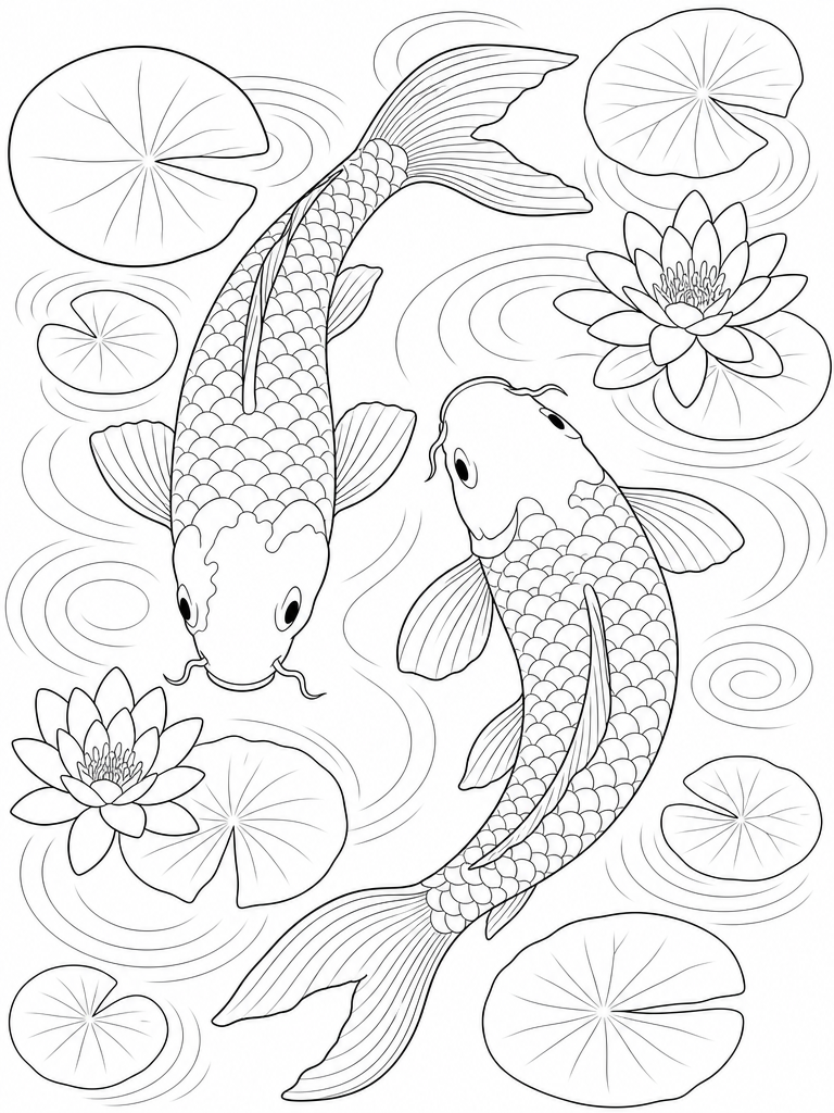 Koi Fish coloring page — Two koi fish among lily pads in a pond