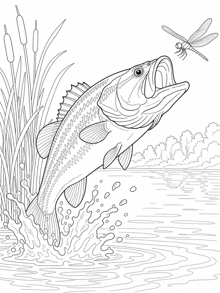 Largemouth Bass coloring page — Largemouth bass leaping for a dragonfly