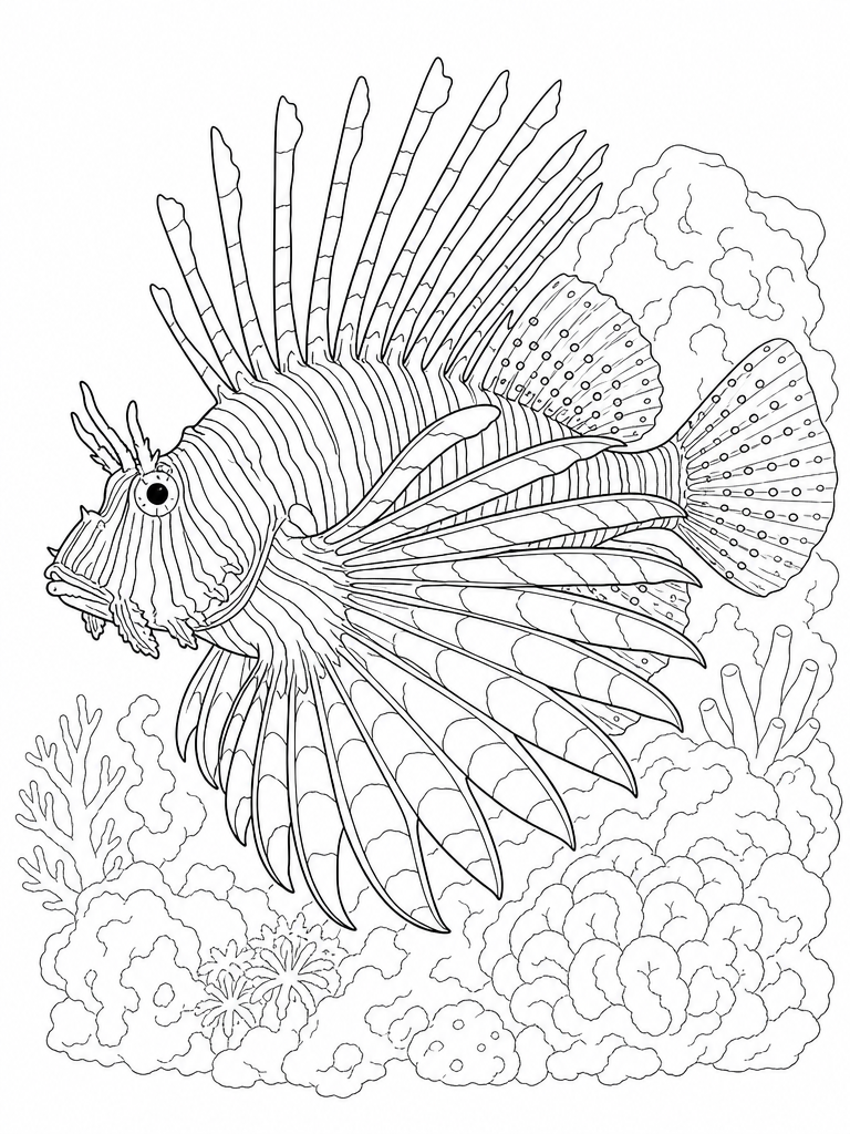 Lionfish coloring page — Lionfish with its spiny fins fanned out