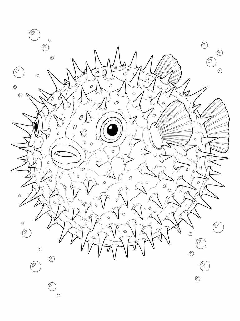 Pufferfish coloring page — Pufferfish inflated into a spiky ball