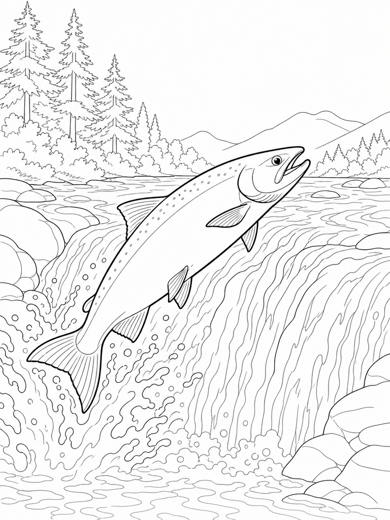 Salmon coloring page — Sockeye salmon leaping up a waterfall