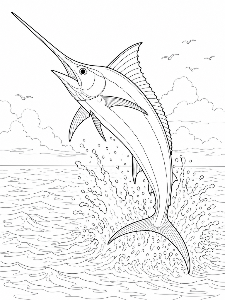 Swordfish coloring page — Swordfish leaping from the ocean