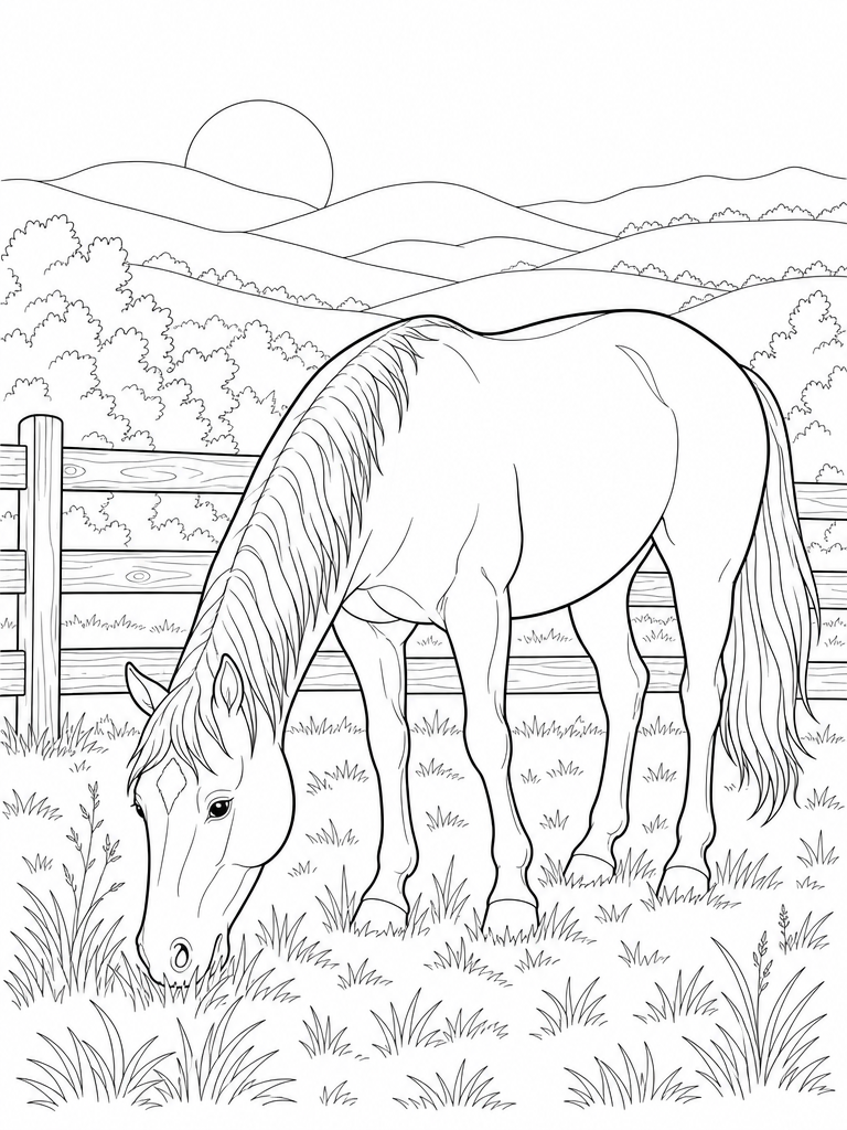 Horse At Sunset coloring page — Horse grazing at a fence at sunset