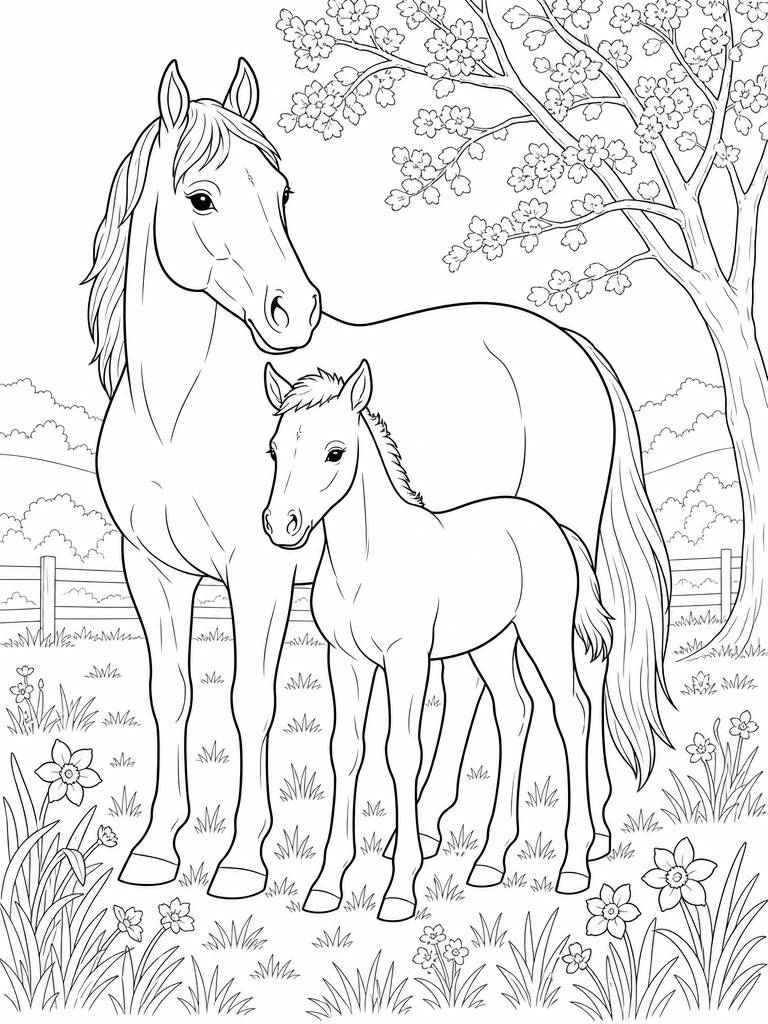 Mare And Foal coloring page — Mare and foal in a spring pasture