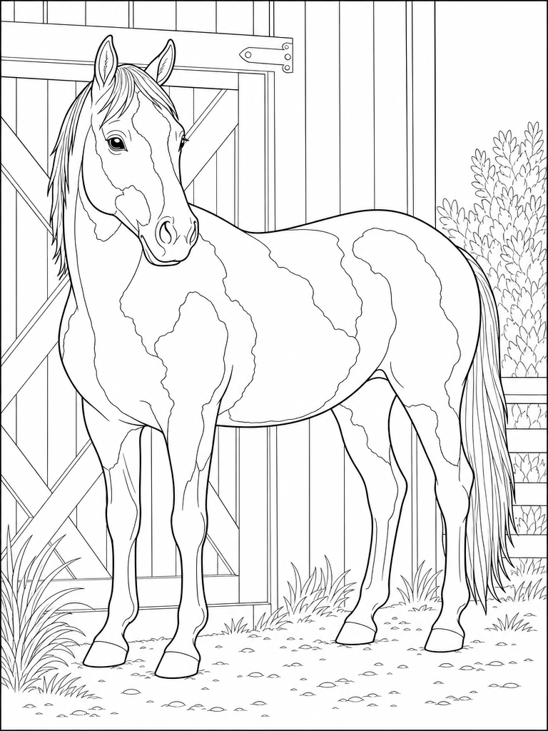 Paint Horse coloring page — Paint horse with bold patches by a barn door