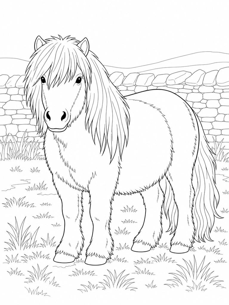 Shetland Pony coloring page — Shaggy Shetland pony in a grassy field