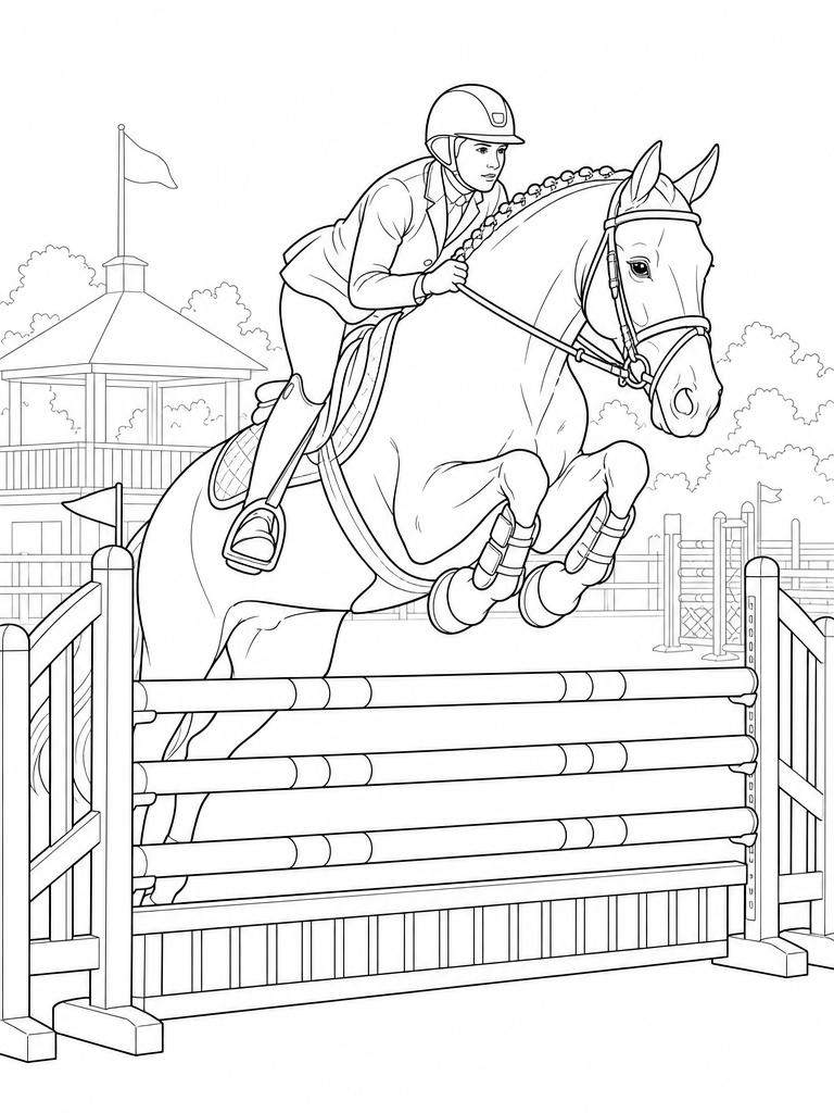 Show Jumping coloring page — Horse and rider clearing a show jump