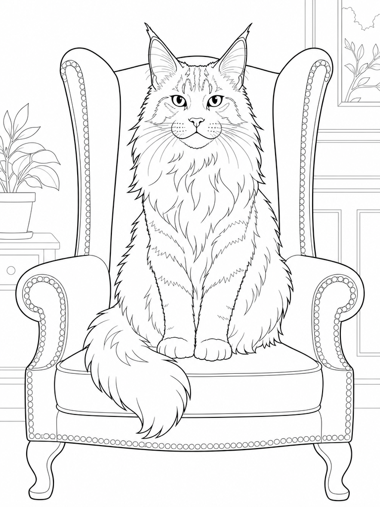 Maine Coon Armchair coloring page — Maine Coon sitting in a wingback armchair