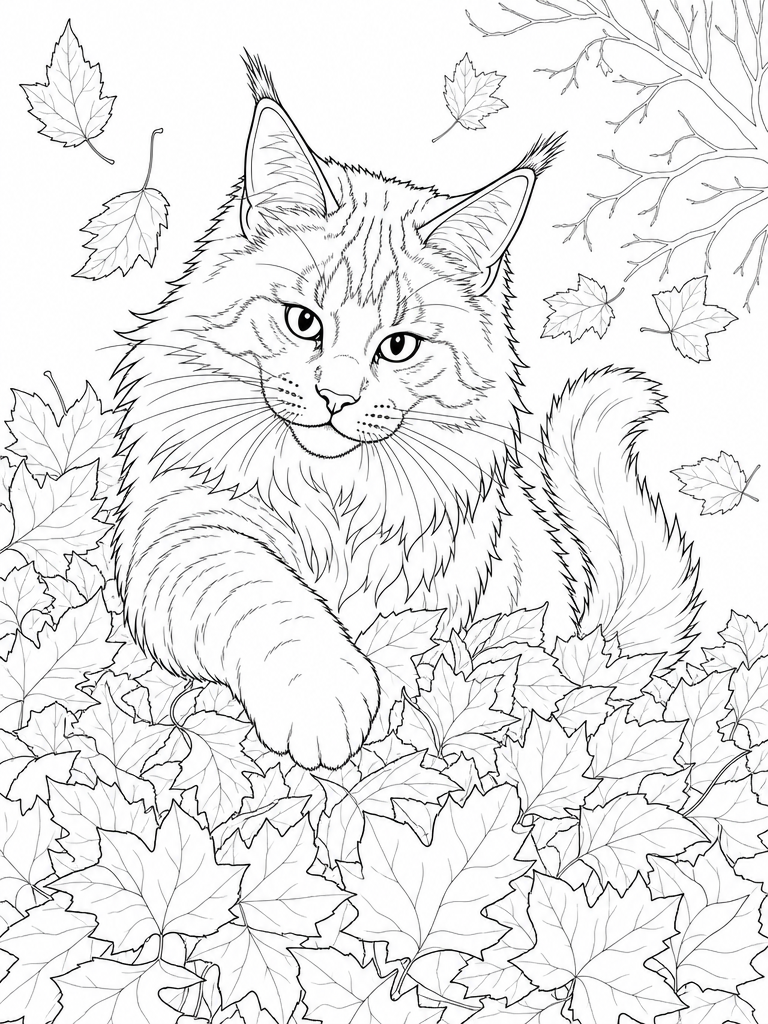 Maine Coon Autumn Leaves coloring page — Maine Coon playing in autumn leaves