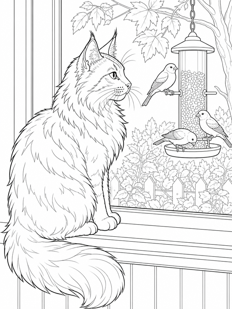 Maine Coon Bird Watching coloring page — Maine Coon watching birds from a window
