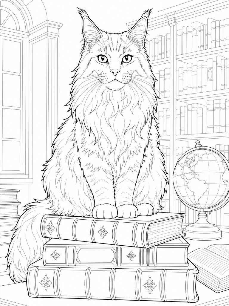 Maine Coon Books coloring page — Maine Coon on a stack of library books