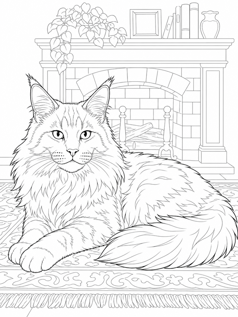 Maine Coon Fireplace coloring page