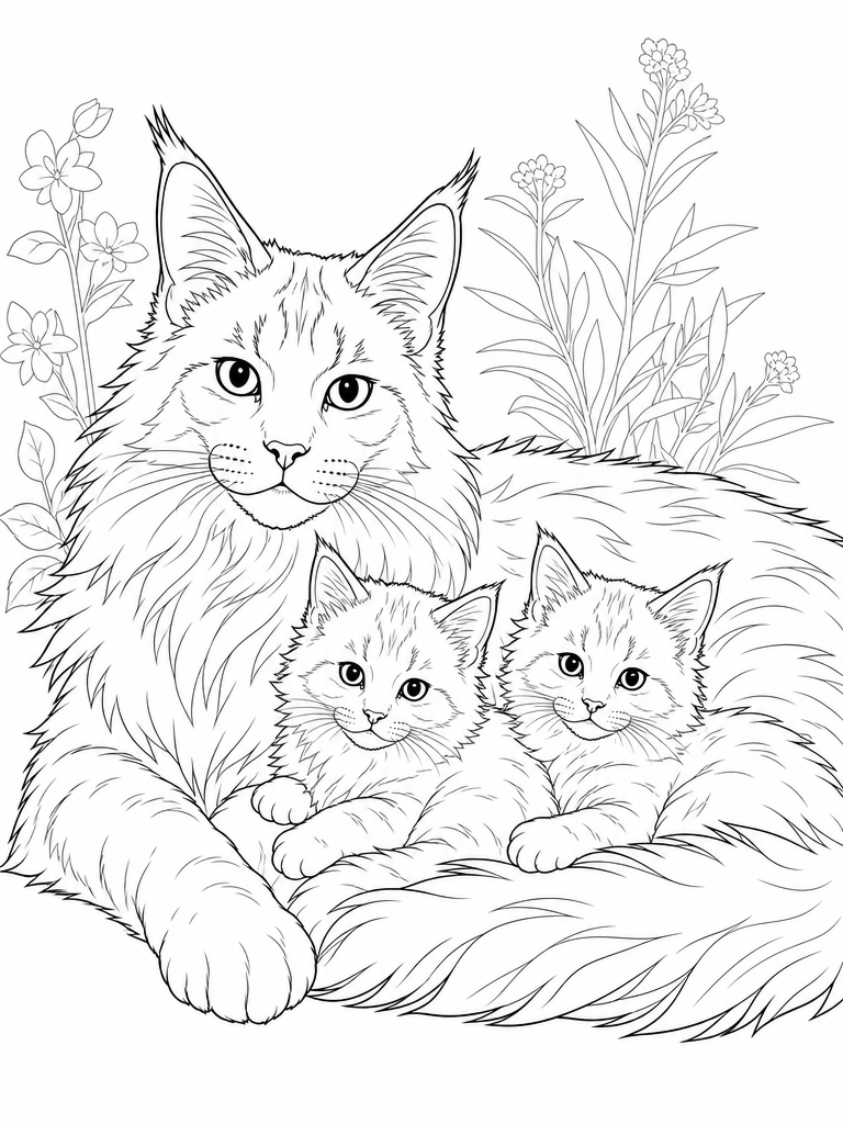Maine Coon Mother Kittens coloring page