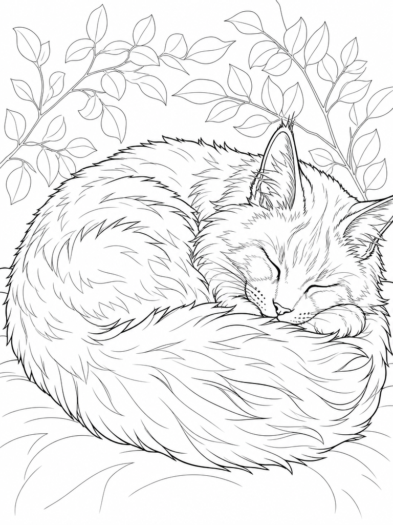 Maine Coon Sleeping coloring page — Maine Coon asleep, tail wrapped around