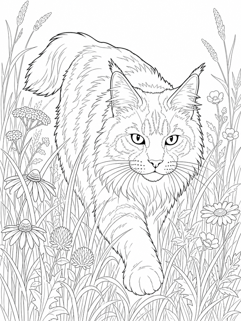 Maine Coon Tall Grass coloring page — Maine Coon stalking through tall grass