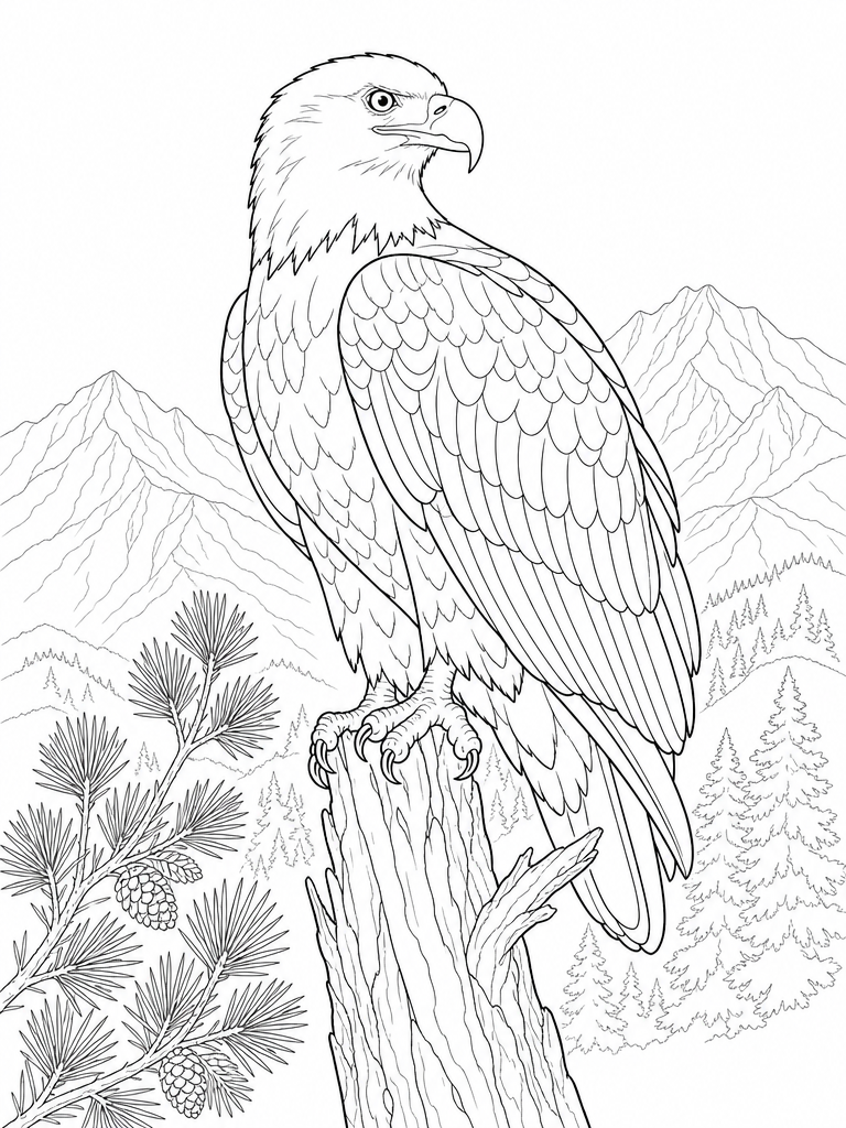 Bald Eagle coloring page — Bald eagle on a pine snag, mountains behind