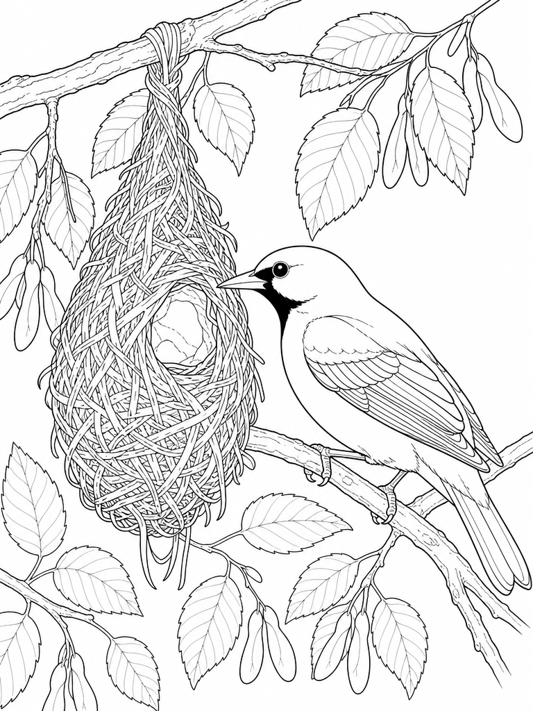 Baltimore Oriole coloring page — Baltimore oriole beside its hanging nest