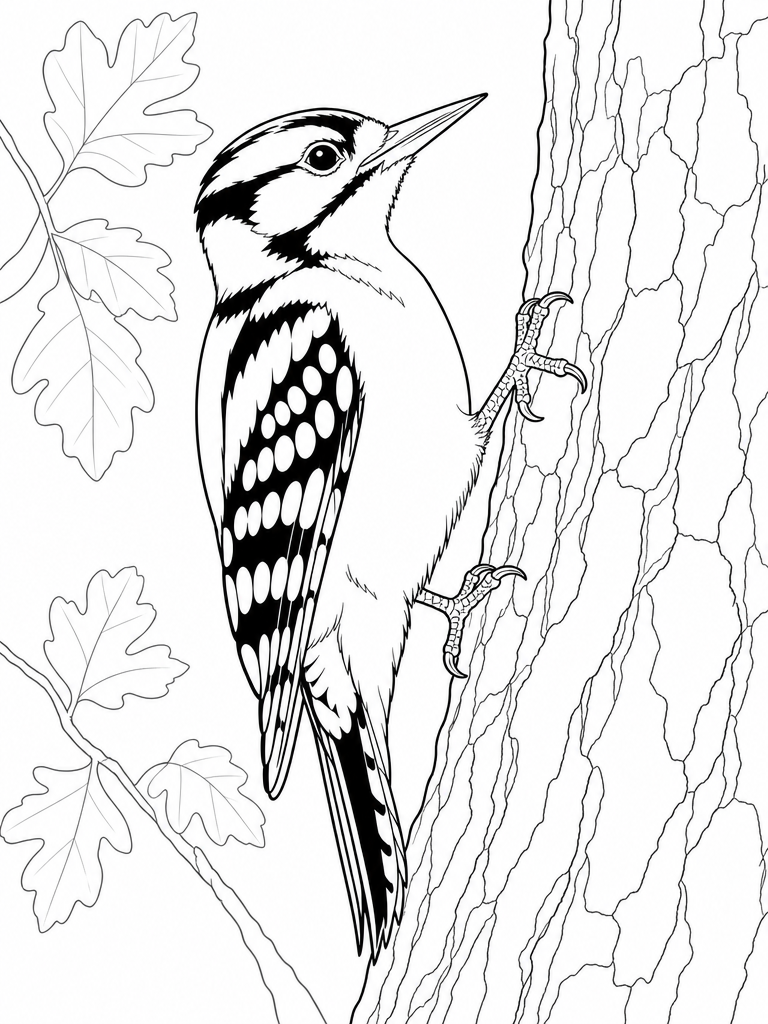 Downy Woodpecker coloring page — Downy woodpecker on a tree trunk