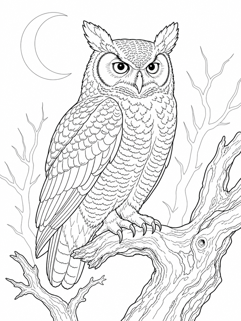 Great Horned Owl coloring page — Great horned owl on a bare branch