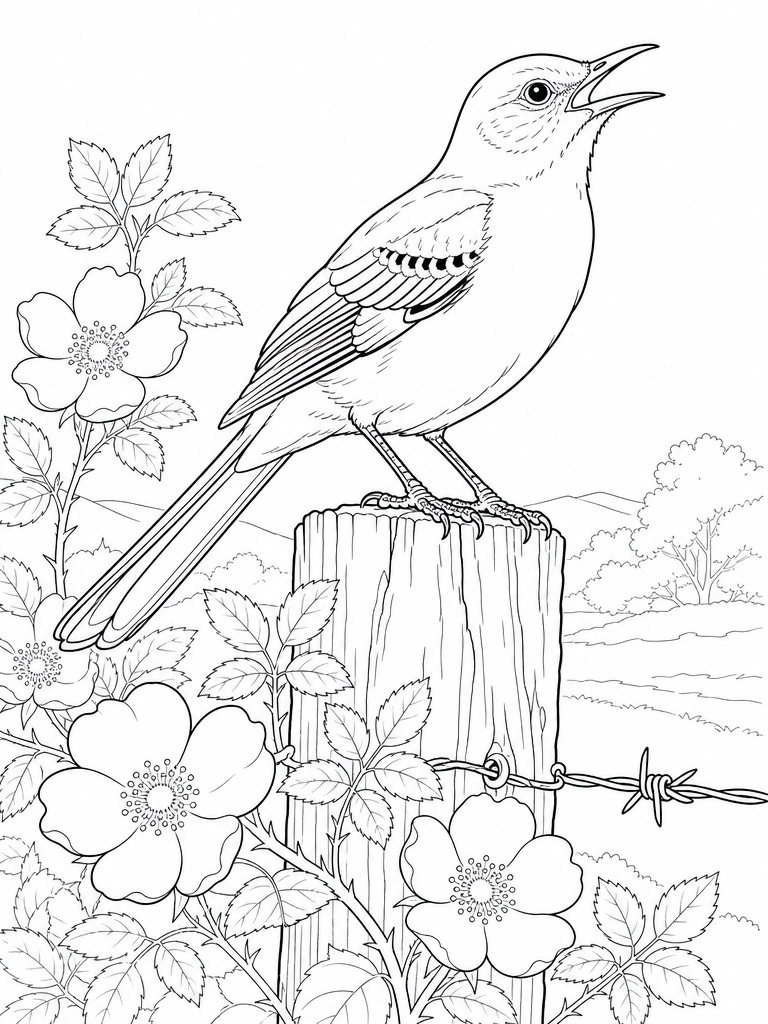 Northern Mockingbird coloring page — Northern mockingbird on a fence post