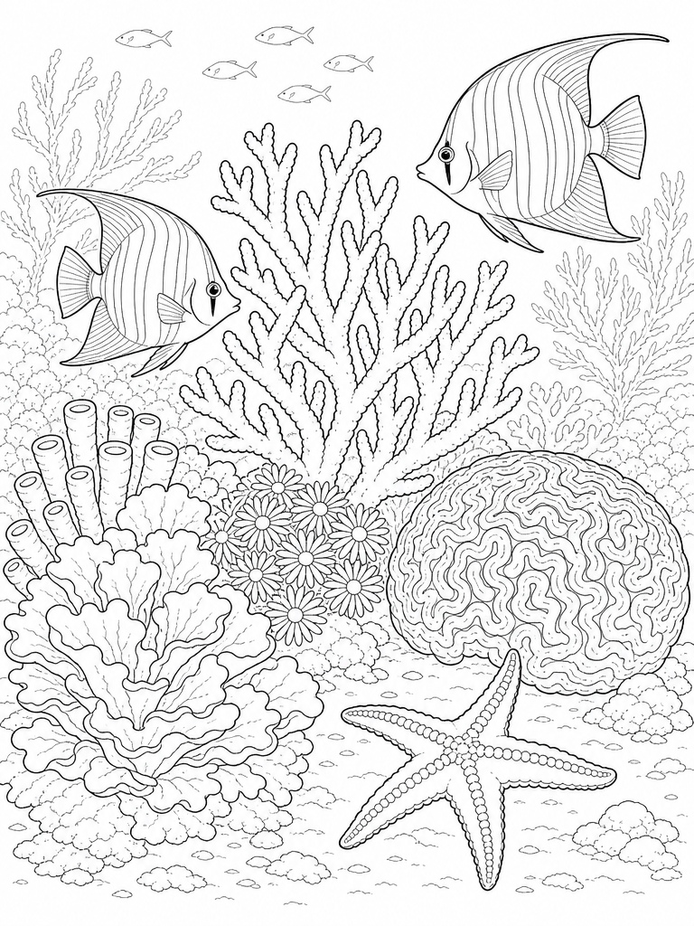 Coral Reef coloring page — Coral reef with angelfish and a starfish on the sand