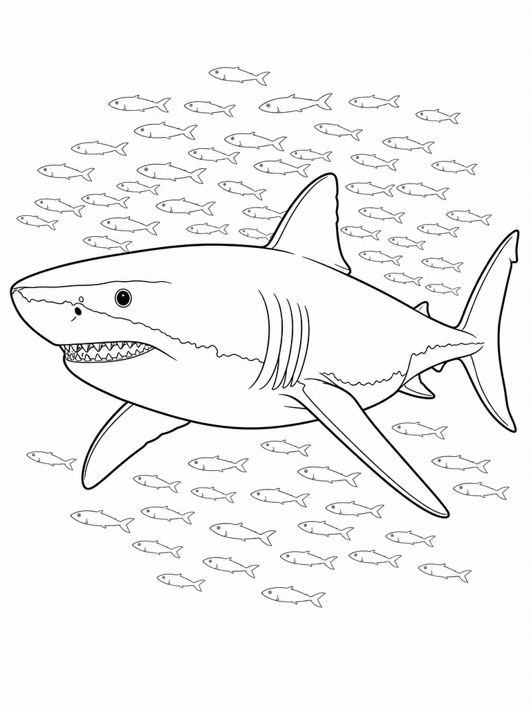 Great White Shark coloring page — Great white shark with a school of fish behind it