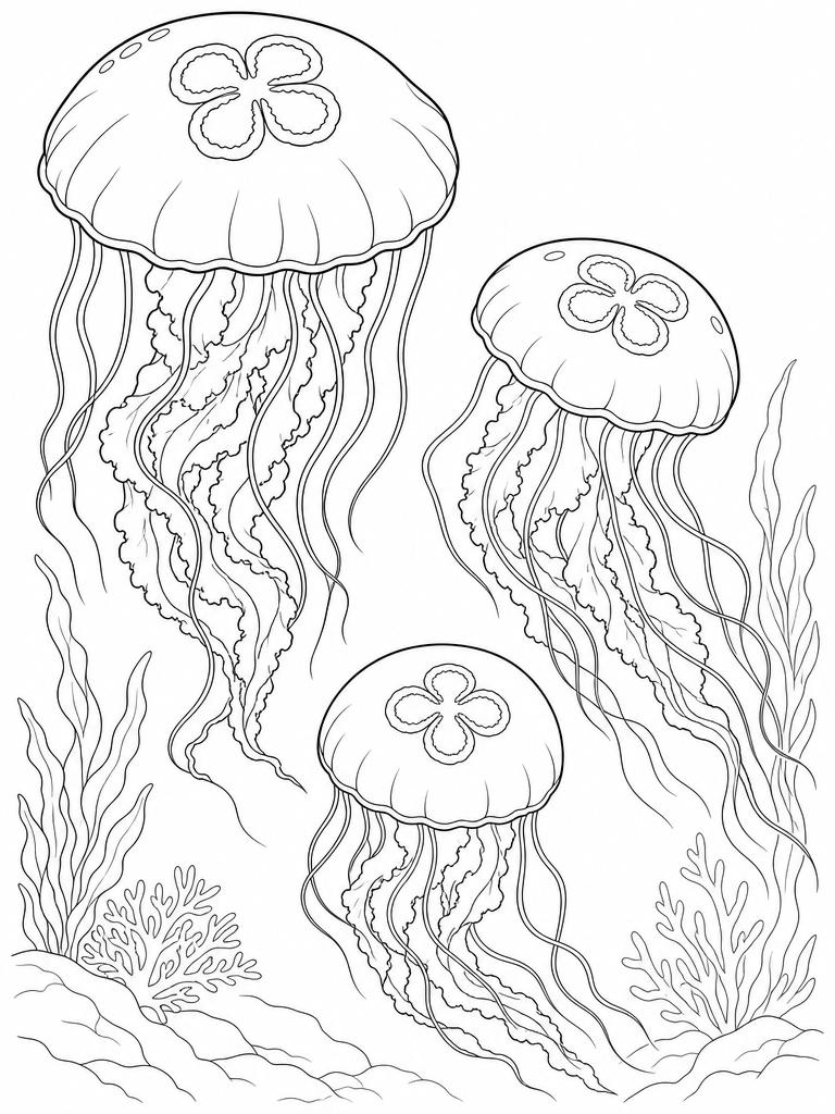 Jellyfish coloring page — Three moon jellyfish drifting at different depths