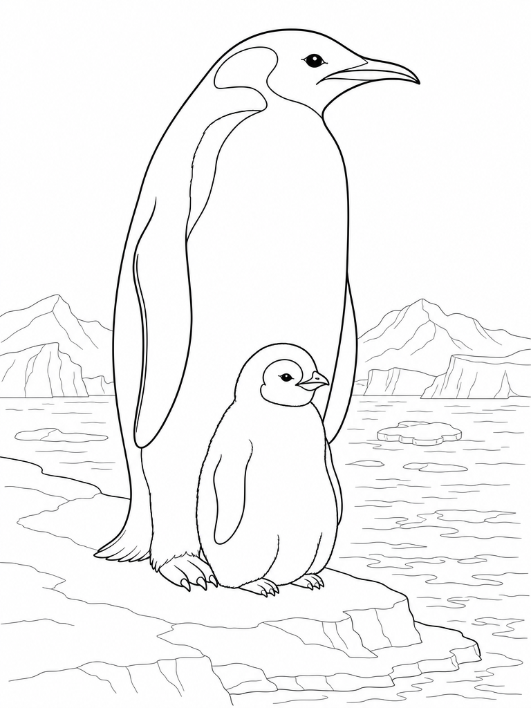 Penguin Family coloring page — Emperor penguin with its chick at the ice edge