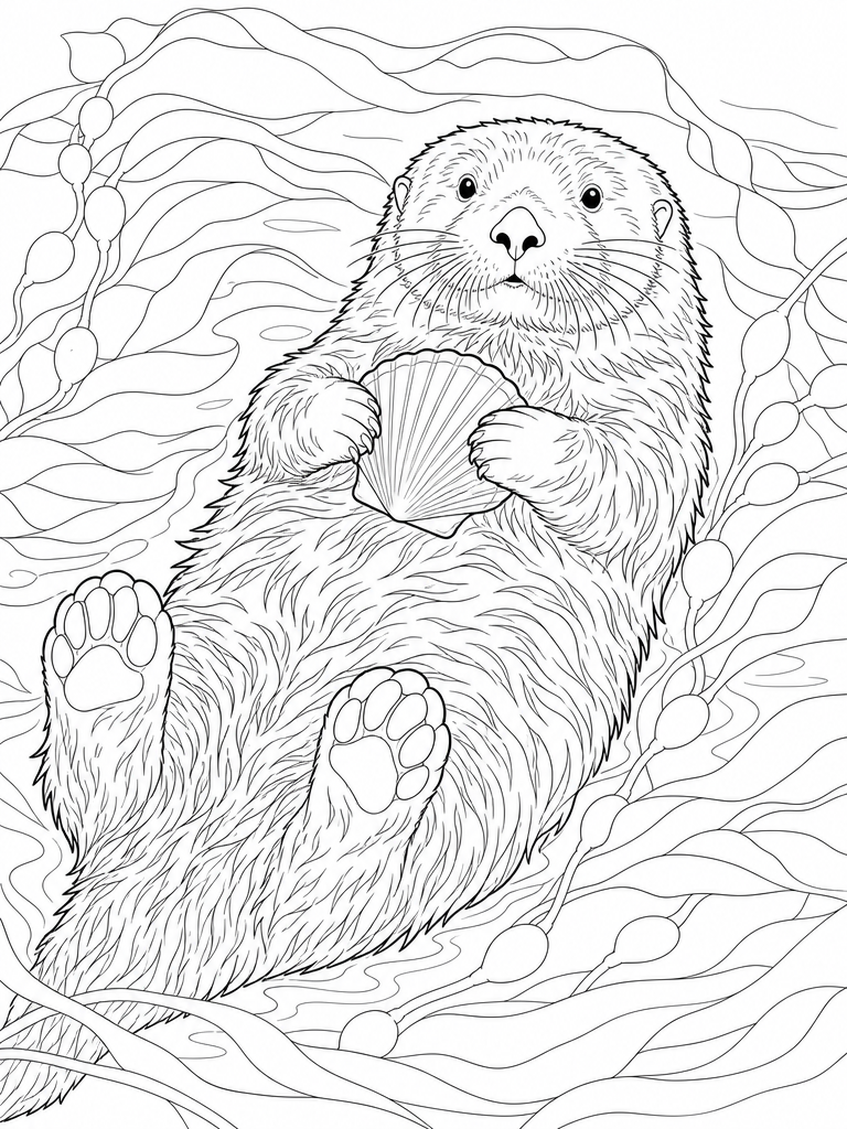 Sea Otter coloring page — Sea otter floating in kelp, holding a shell