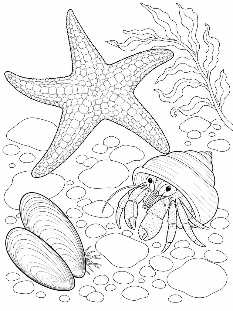 Starfish Tidepool coloring page — Tidepool with a starfish, hermit crab and mussels