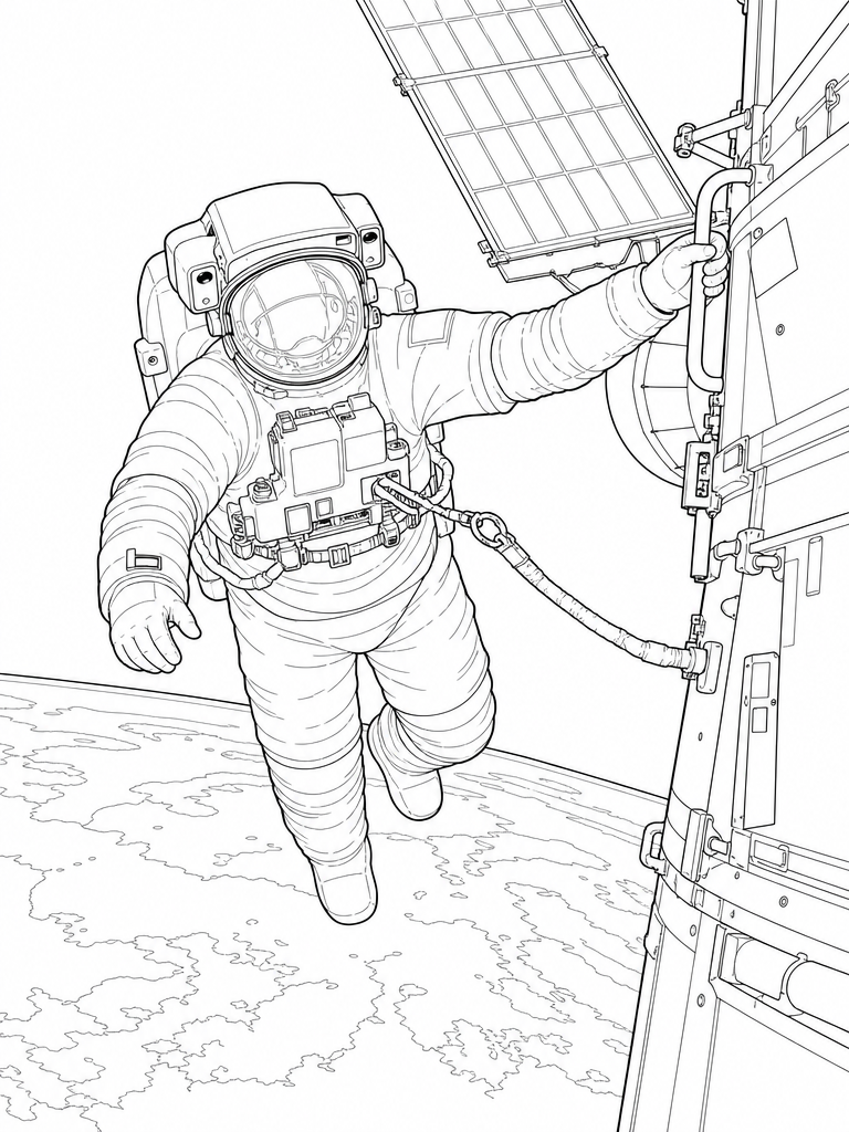 Astronaut coloring page — Astronaut on a spacewalk, Earth below