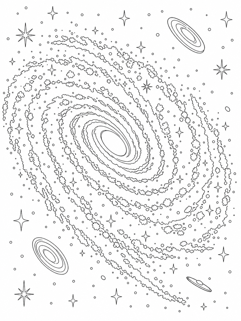 Galaxy coloring page — Spiral galaxy with sweeping arms of stars