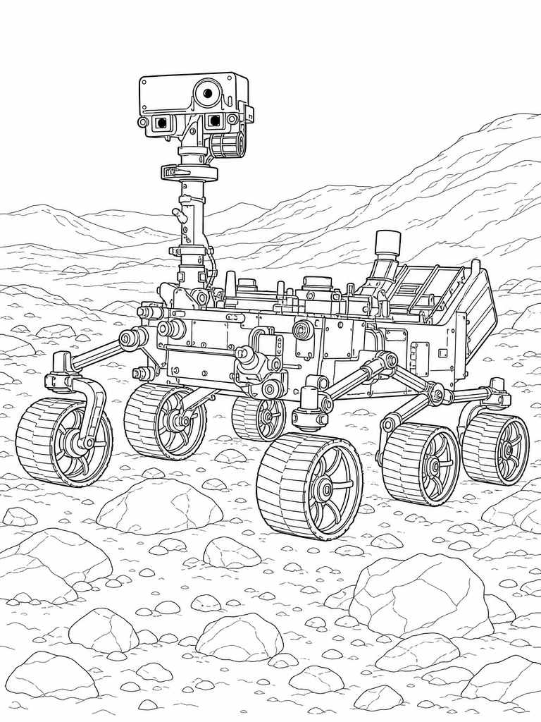 Mars Rover coloring page — Mars rover crossing rocky red-planet ground