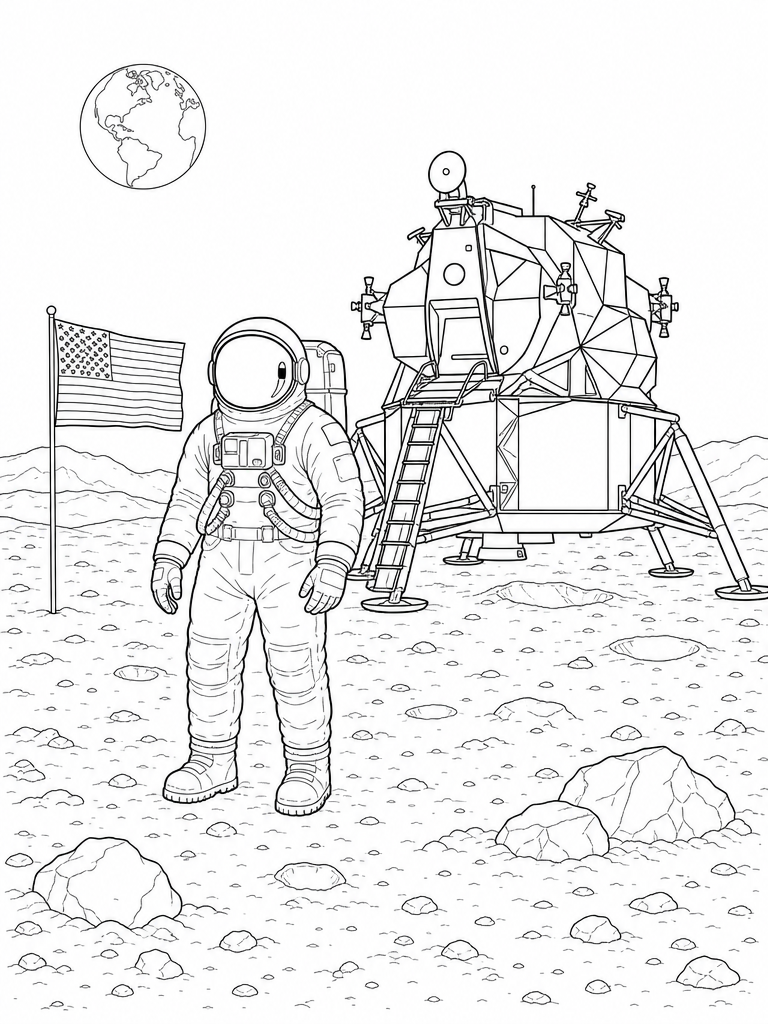 Moon Landing coloring page — Astronaut and lunar module on the moon