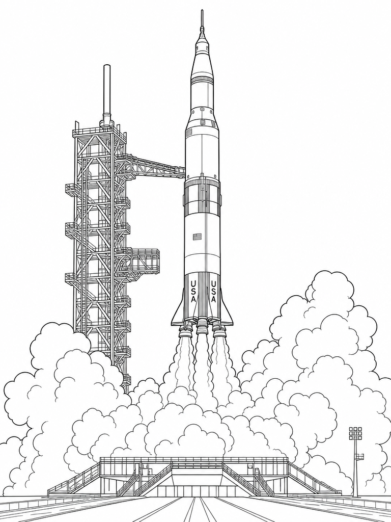 Rocket Ship coloring page — Rocket ship lifting off from the launch pad