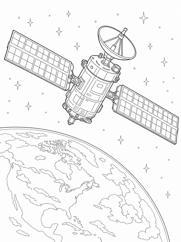 Satellite coloring page — Satellite with solar panels and a dish antenna