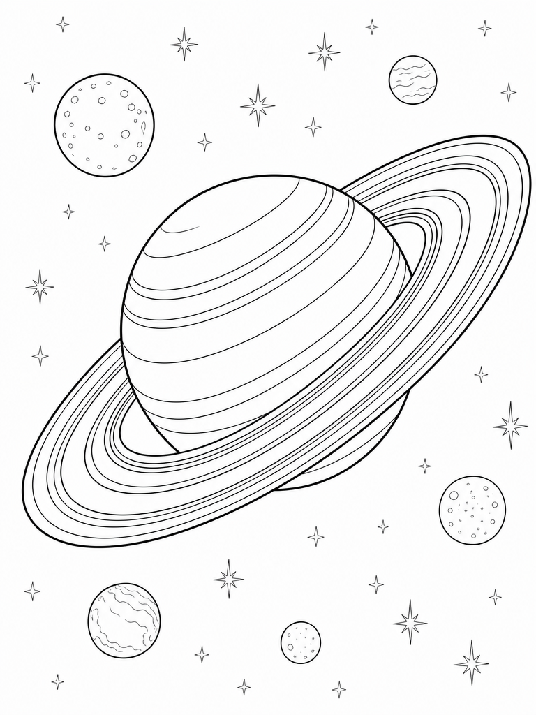 Saturn coloring page — Saturn with its rings and moons