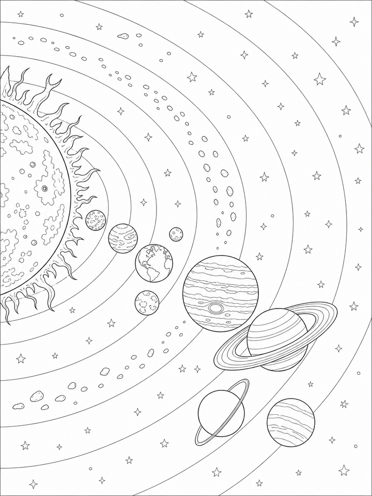 Solar System coloring page — The sun and planets on their orbits