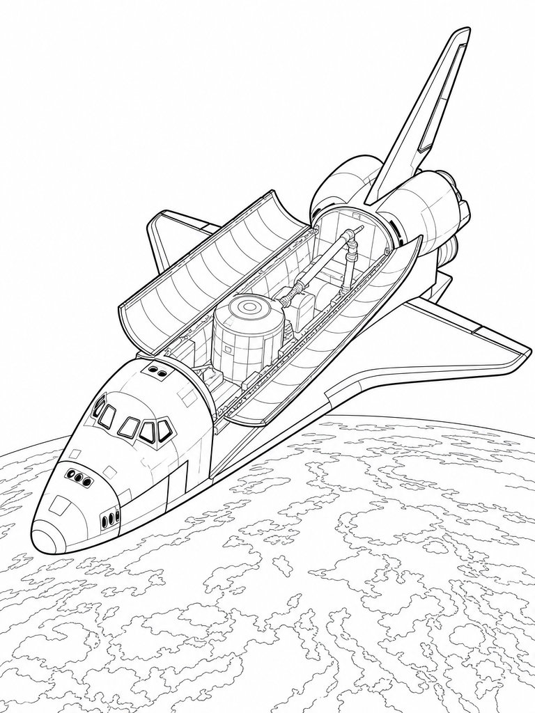 Space Shuttle coloring page — Space shuttle spaceship in orbit, cargo bay open