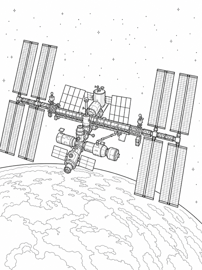 Space Station coloring page — Space station with solar arrays above Earth