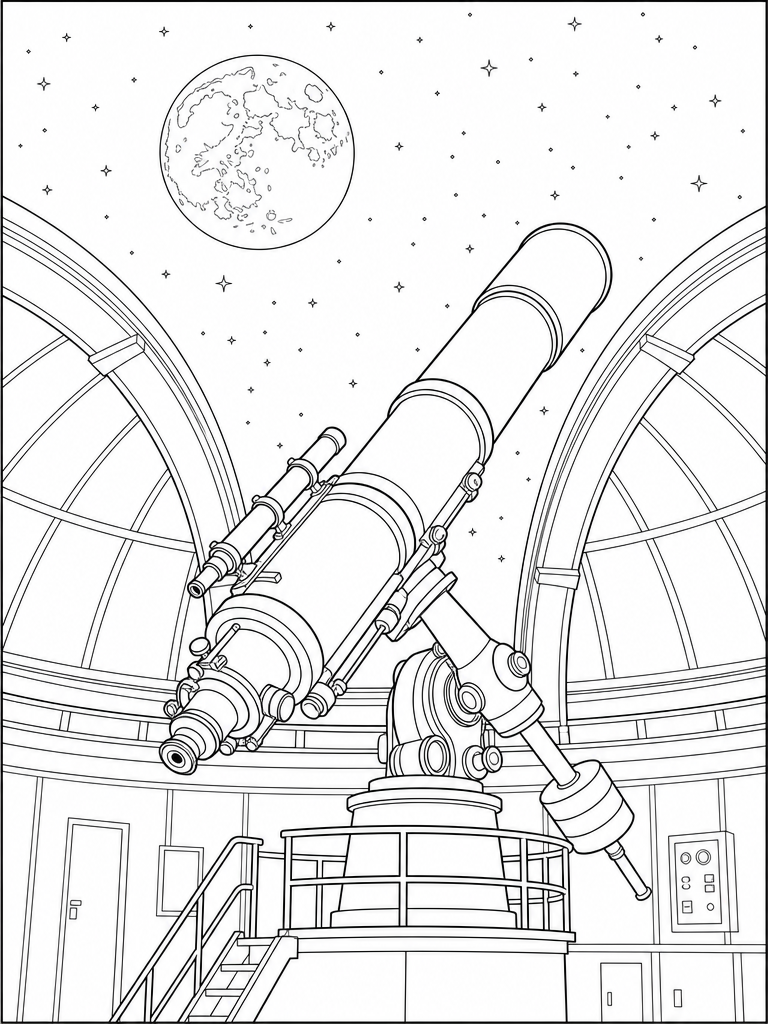 Telescope coloring page — Observatory telescope pointed at the moon