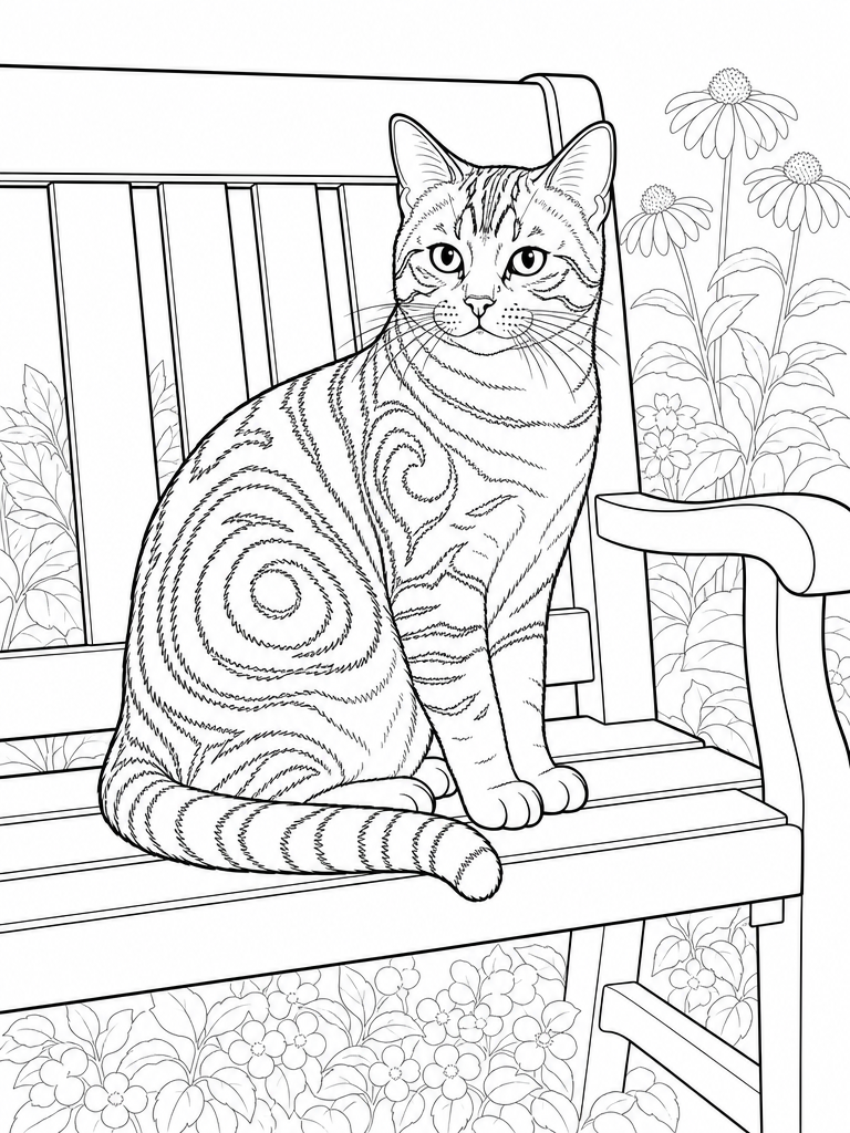 Classic Tabby coloring page — Classic tabby with swirled markings on a bench