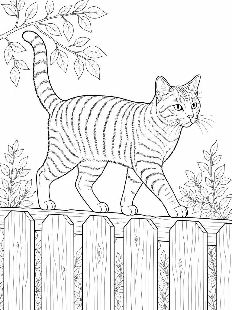 Mackerel Tabby coloring page — Mackerel tabby walking along a fence