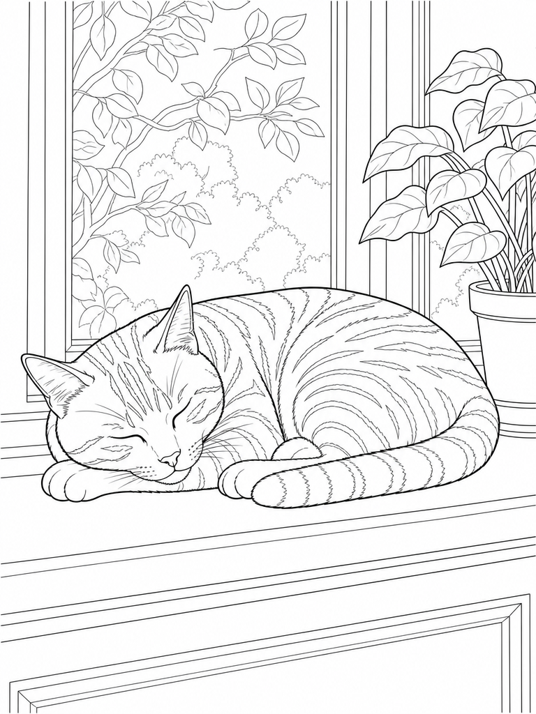 Orange Tabby Sunbeam coloring page — Orange tabby napping in a sunbeam